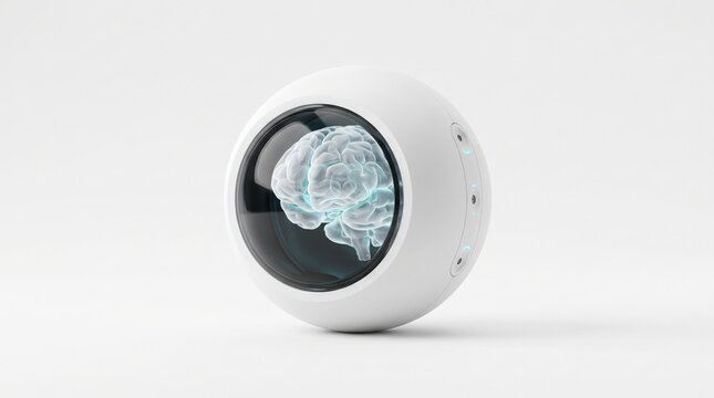 Human brain inside futuristic white sphere device