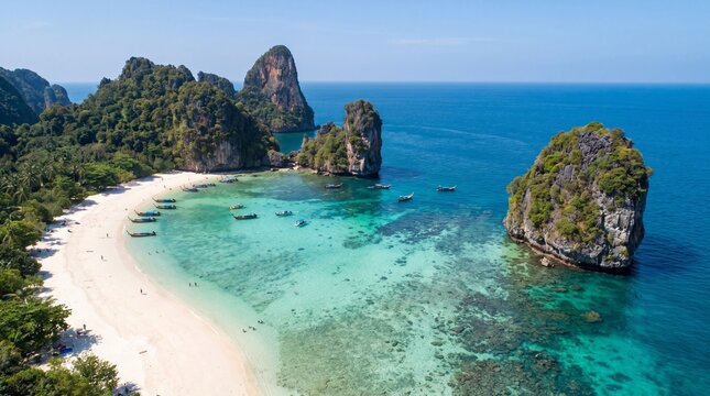 Aerial drone Landscape Turquoise lagoon Nui beach koh Phi Phi Don island, Krabi, Thailand.