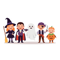 Group of children in colorful halloween costumes including witch vampire ghost pirate and pumpkin smiling happily with children halloween celebration childish illustration isolated background