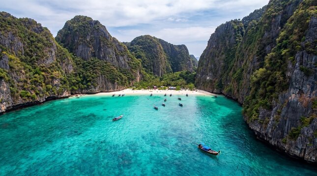 Aerial drone Landscape Turquoise lagoon Nui beach koh Phi Phi Don island, Krabi, Thailand.