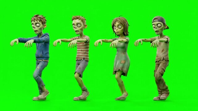 Group of cartoon zombies walking on a green screen background