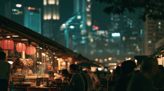 People dine at a vibrant night food market with glowing lanterns against a blurred city skyline. Ideal for Asian travel and urban lifestyle promotions.