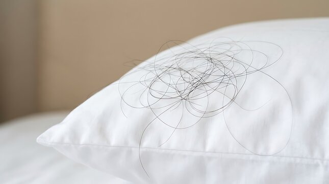 Close up of dark hair falling out on a soft clean white pillow case in a bedroom showing signs of hair loss issue