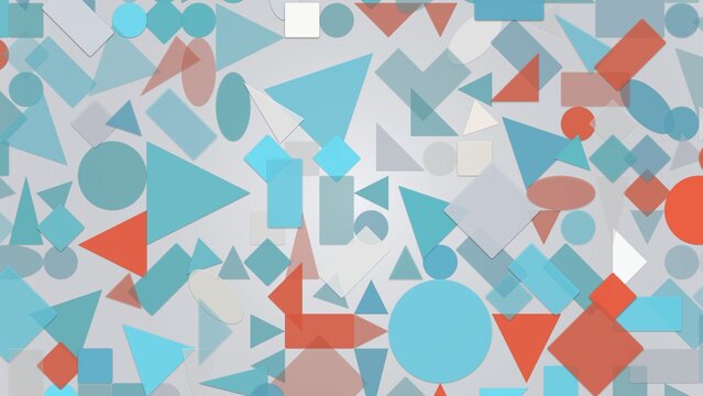 Abstract geometric background with overlapping circles, triangles, and rectangles in a modern palette of blue, red, and gray for creative designs
