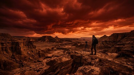 Fototapeta premium Photographer standing on a canyon cliff under a dramatic sunset sky