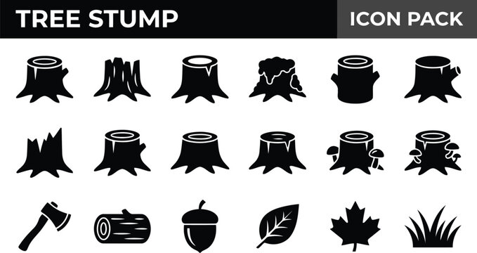 Set of black tree stump icons featuring forest elements in a minimalist style