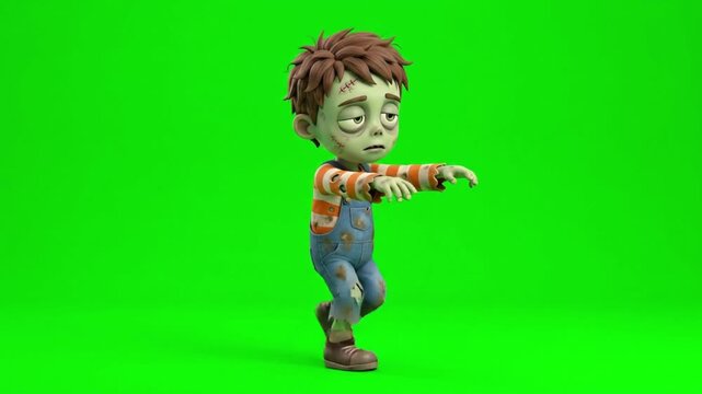 Cute cartoon zombie boy walking on a green screen background