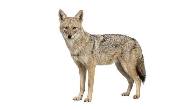 Full body studio portrait of a black-backed jackal standing against a plain grey background with its distinctive black mane visible.