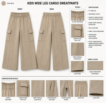 Kids wide leg cargo sweatpants tech pack, technical design sheet with specifications
Taupe beige fleece cargo pants fashion flat mockup, front and back view with details
Children's sweatpants technic