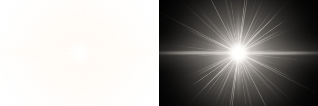 Bright White Sunburst Light Flare Effect With Glowing Lens Burst Isolated on transparent background