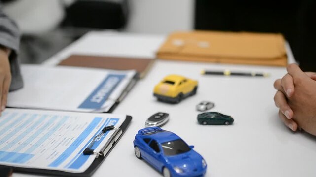Woman signing auto insurance contract with agent after car crash claim. Trustworthy vehicle protection, policy coverage, and financial deal.