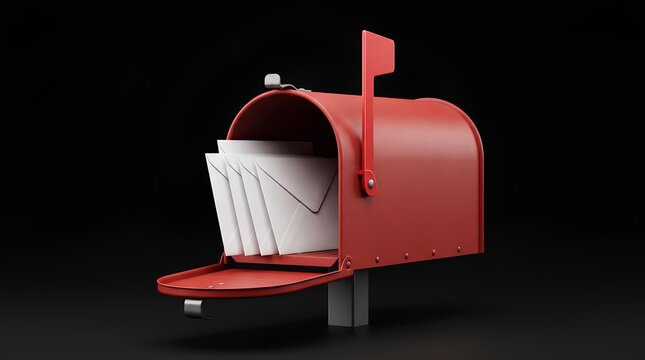 Red mailbox with letters on black background.