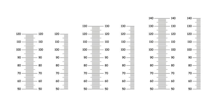 Height charts from 50 to 120, 130, 140 centimeters. Layouts for wall growth sticker set. Meter wall, growth ruler templates collection.