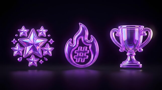 Shiny purple glass star cluster, fire hashtag, and award trophy icons.