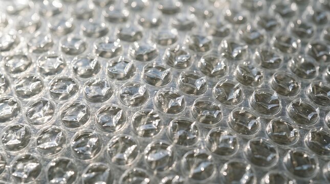 Close up overhead view of clear plastic bubble wrap texture for packaging and protection.