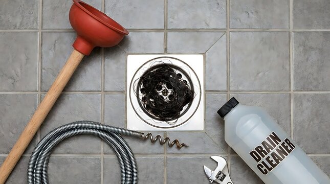 Clogged shower drain with hair and plumbing repair tools including a plunger snake and drain cleaner on tiled floor