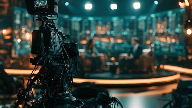 Professional broadcast camera recording a talk show set in a modern studio. Perfect for media production and broadcasting concepts.