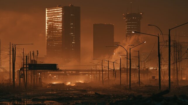 A ruined dystopian city skyline enveloped in orange smoke and dust during evening twilight. This scene serves as a dramatic concept for apocalypse and urban destruction themes.