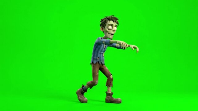 Cartoon zombie walking character animation on a green screen background