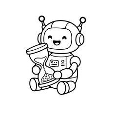 Obraz premium Cute Robot Holding Hourglass and Calculator Line Icon