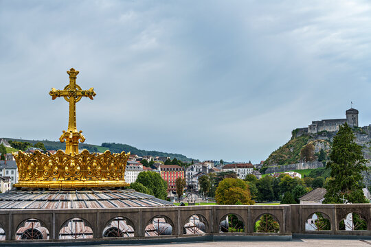 View of the Basilica in the Sanctuary of Lourdes, France. Mayor pilgrimage spot for Catholics