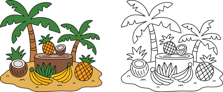 Coloring page vector illustration of a tropical island scene with palm trees and exotic fruits coloring illustration tropical pineapple activity learning education printable creative