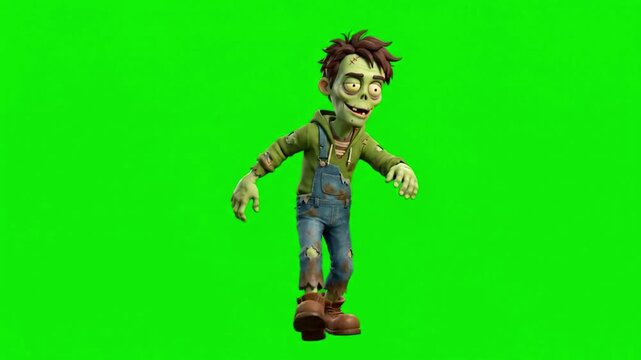 Cartoon zombie character walking on a green screen background