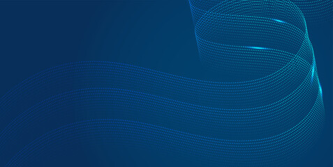 Abstract futuristic blue and cyan digital particle waves flowing across a dark background, creating...