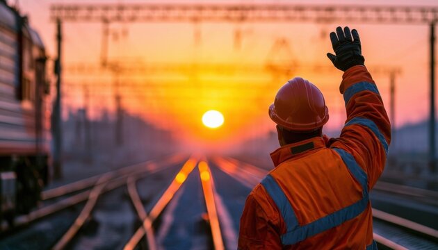 Railway worker in orange high-visibility jacket and hard hat signaling on tracks at sunset