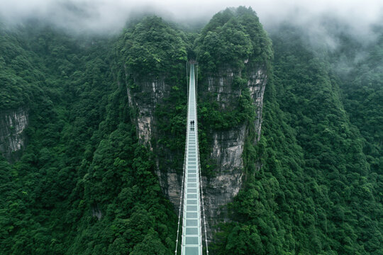 Tall cliffs with a glass bridge surrounded by green trees on a cloudy day