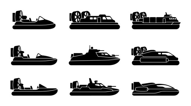 Diverse Hovercraft Collection, Set of 9 Vector Silhouettes. Amphibious Vehicles, Military and Civilian Transport Icons for Marine and Land Travel Graphics.