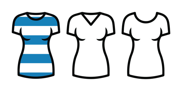 Womens striped and plain t-shirt collection featuring various necklines for fashion design template.