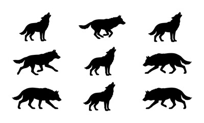 Fototapeta premium Wolf Silhouettes Collection, Howling Canine Icons, Wild Animal Vector Graphics, Nature Wildlife Set