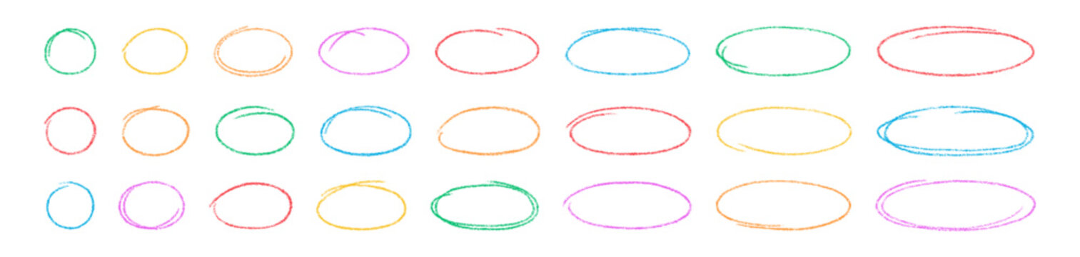 Hand drawn crayon ovals and circles set. Color chalk pencil ovals of different widths. Highlight line circle frames. Ellipses in crayon doodle style. Vector illustration isolated on white background.