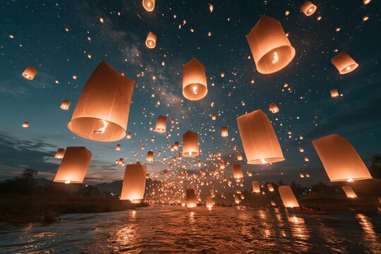 Lanterns fill the night sky above a river during a festival at dusk