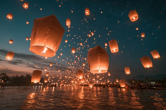 Lanterns rise into the night sky above a river during a festival celebration in a quiet town