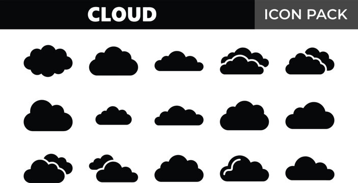 Collection of Black Cloud Icons Set Isolated on a White Background Minimalist