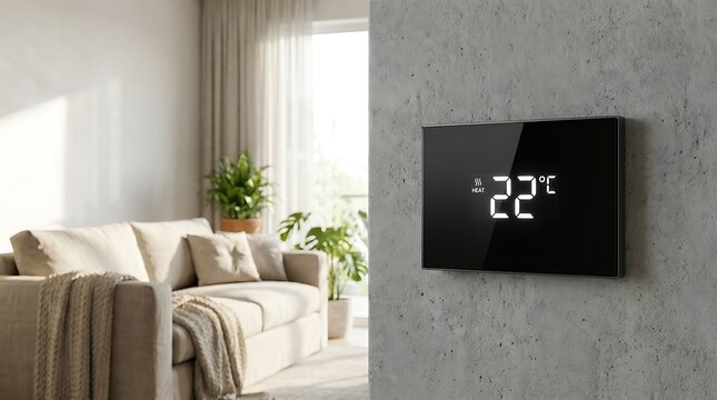 Modern smart digital thermostat on a gray wall showing room temperature in a cozy living room with house plants