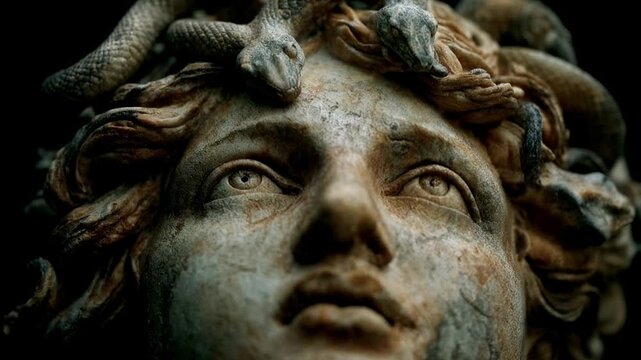 Ancient Medusa statue with snakes for hair, detailed close-up