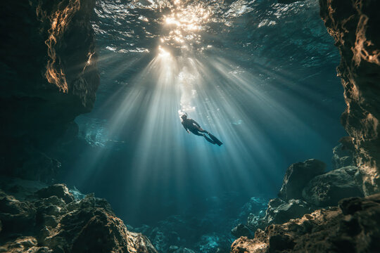 Diver explores underwater cave with sunlight shining through in clear blue water