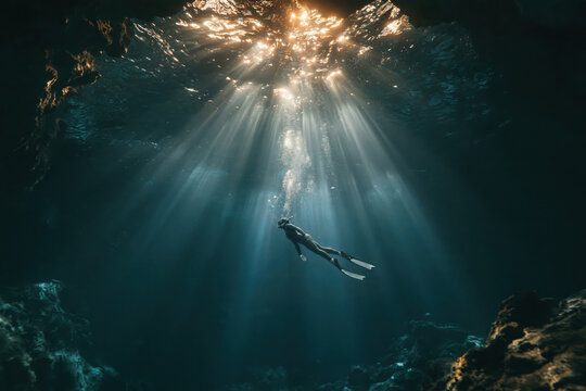 Diver explores underwater cave with sunlight streaming through the surface