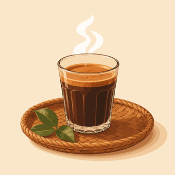 A steaming glass of hot coffee served on a woven rattan tray with fresh green leaves, set against a warm cream background. Vector illustration ideal for cafe menu, coffee shop branding, food and bever