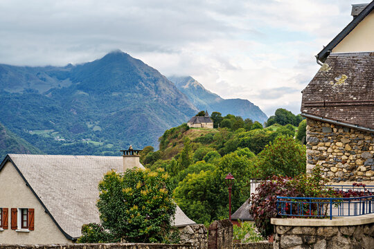 The village of Saint-Savin near Argeles-Gazost with the Pyrenees in the background in the French Pyrenees, France