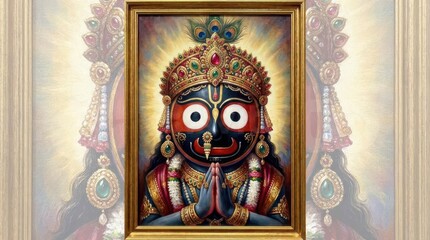 Obraz premium Traditional painting of deity with hands in prayer pose inside golden frame