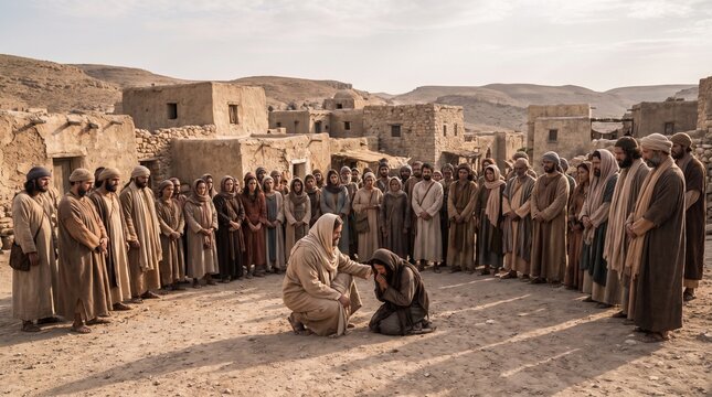 Jesus Christ kneels to place his hand on a repentant weeping woman surrounded by a large crowd in an ancient desert village.