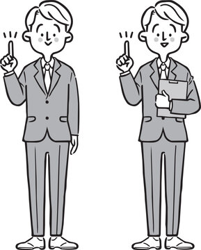 ポイントを説明する男性会社員　全身　ベクター（モノクロ）