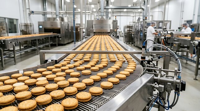 Many fresh burger patties moving along a metal conveyor belt in a large modern food processing factory production line