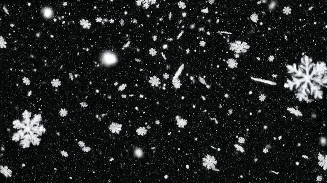 Realistic falling snowflakes overlay on black background, for winter holiday, motion and christmas, visual effects