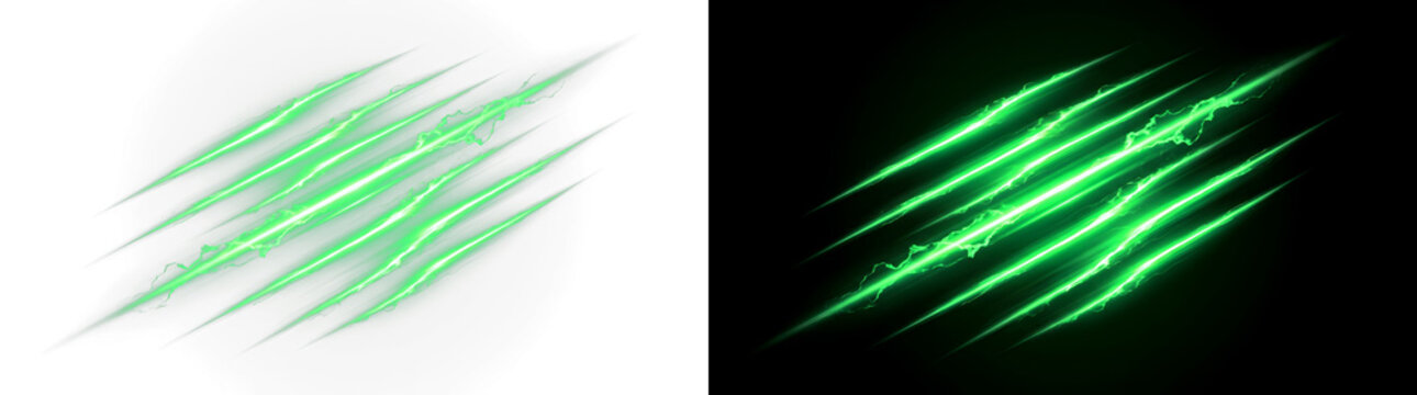 Bright neon green claw slash marks with energetic lightning sparks glowing intensely in a dynamic diagonal pattern on transparent background
