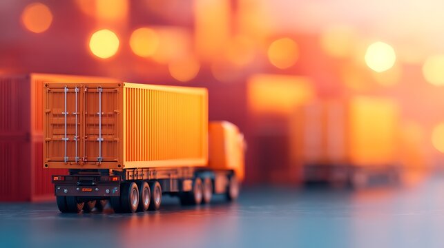 A miniature freight truck with a container is on a surface, illuminated by warm, blurred lights in the background.